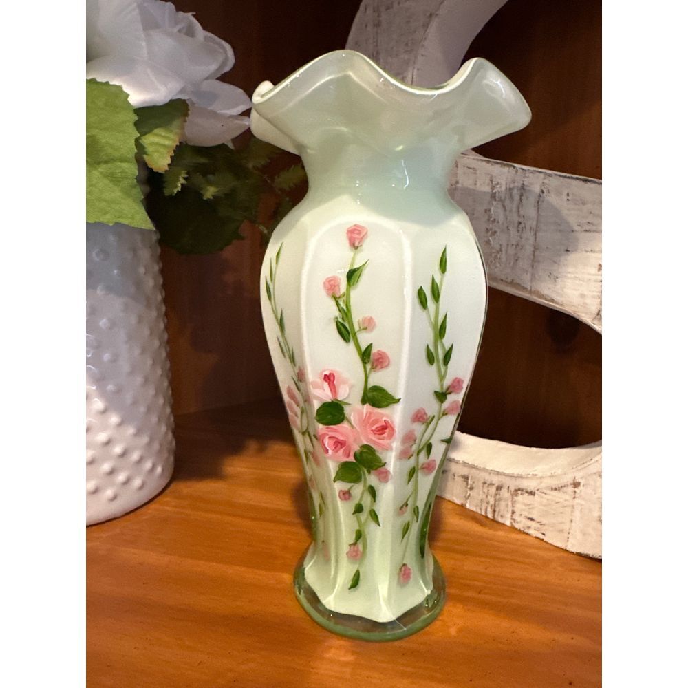 Opaline Green Cased Glass Ruffle Vintage Floral Hand Painted Roses‎ Vase